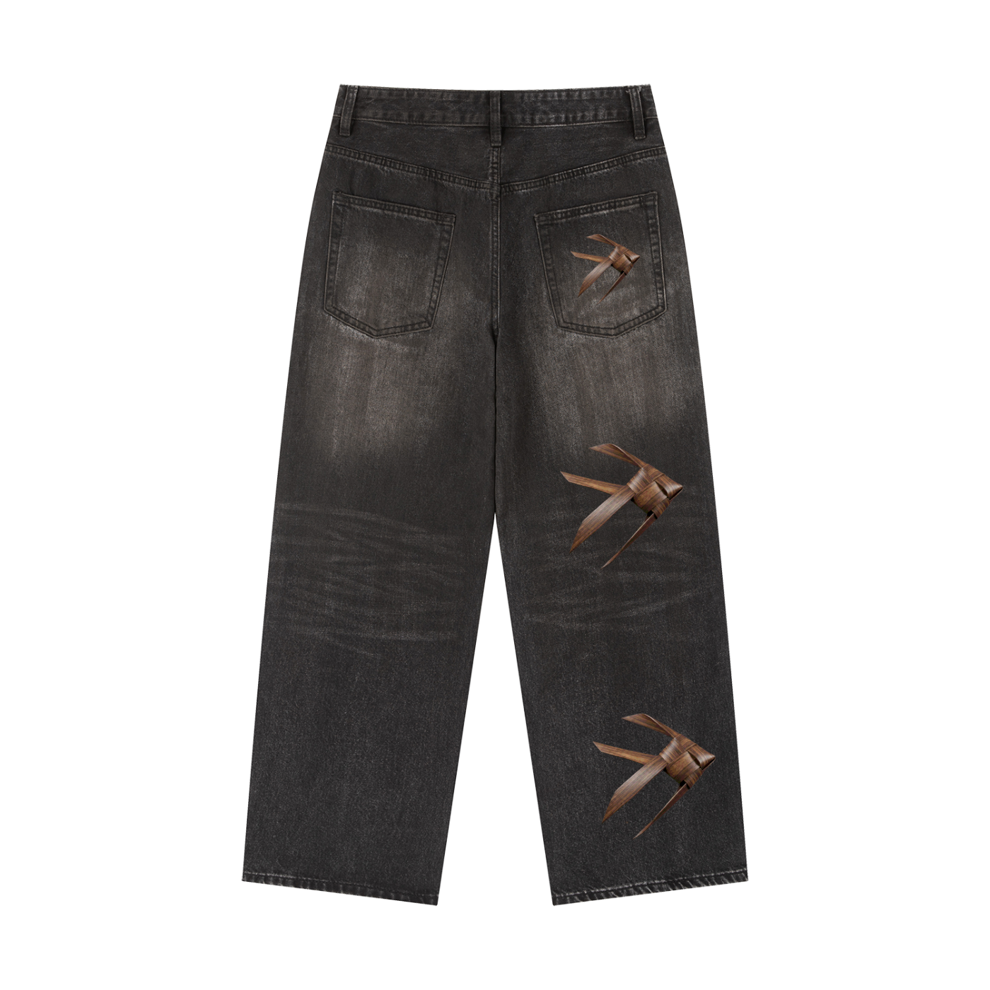 A Coconut Leaf Fish, In A Wooden Texture, Vintage Wash Heavyweight Denim Jeans.