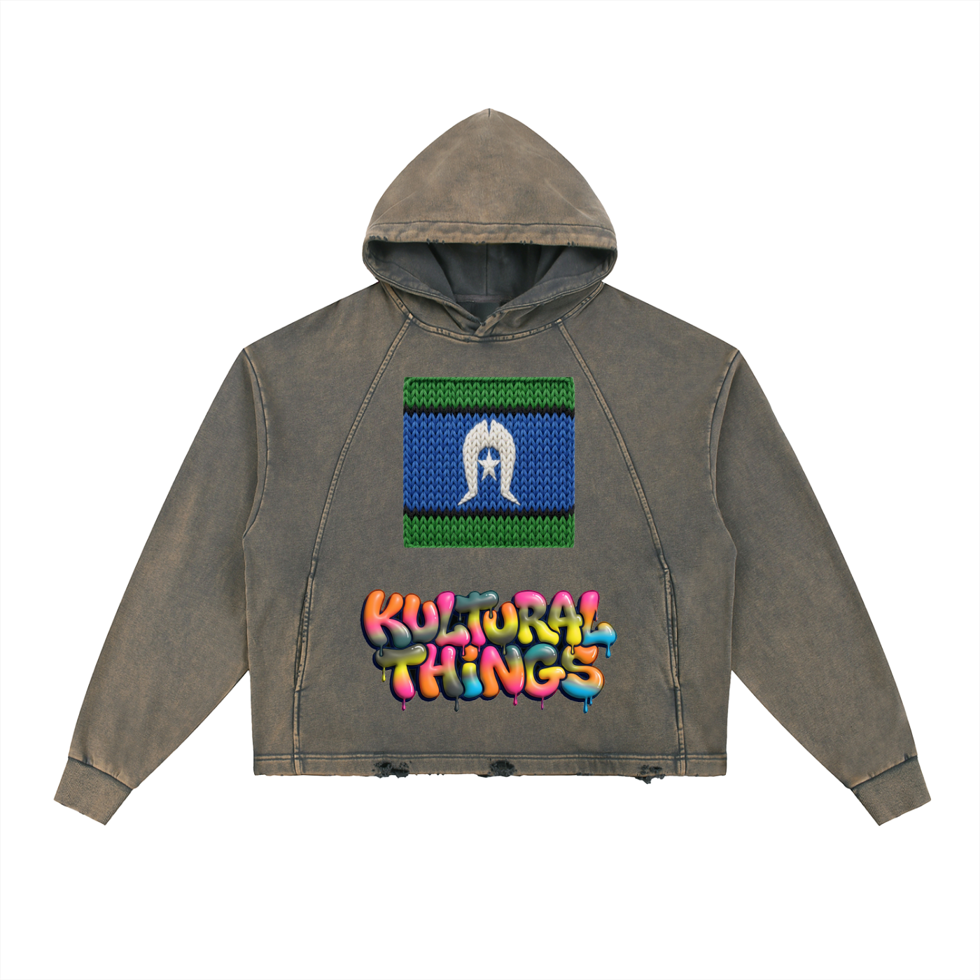 Knitted TSI Flag Kultural Things Vintage Washed Frayed-Hem Hoodie