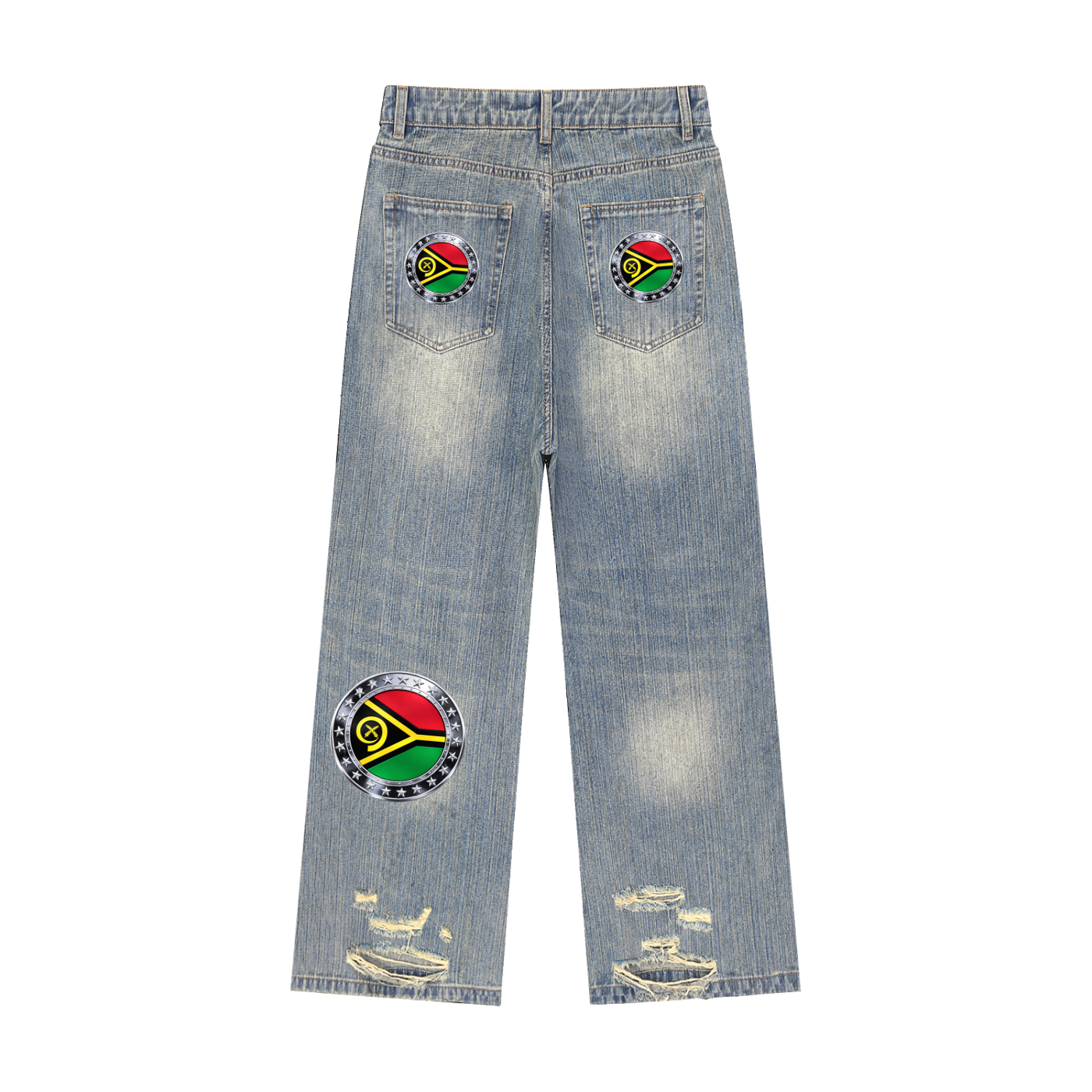 Vanuatu, Circle Flag, Vintage Wash Distressed Denim Jeans.