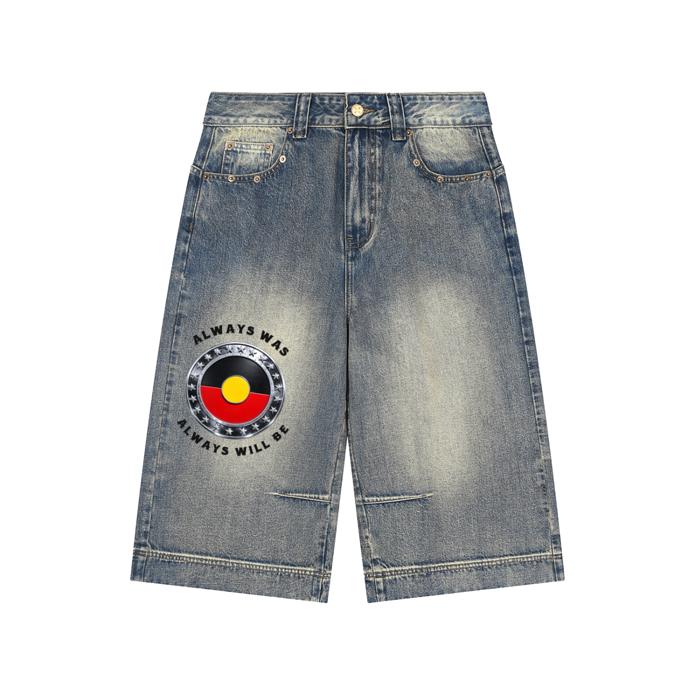 Aboriginal, Vintage Wash Baggy Denim Shorts. Always Was, Always Will Be.