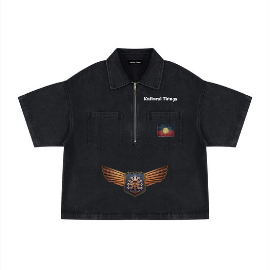 Unisex Vintage Wash Boxy Quarter-Zip Denim Shirt