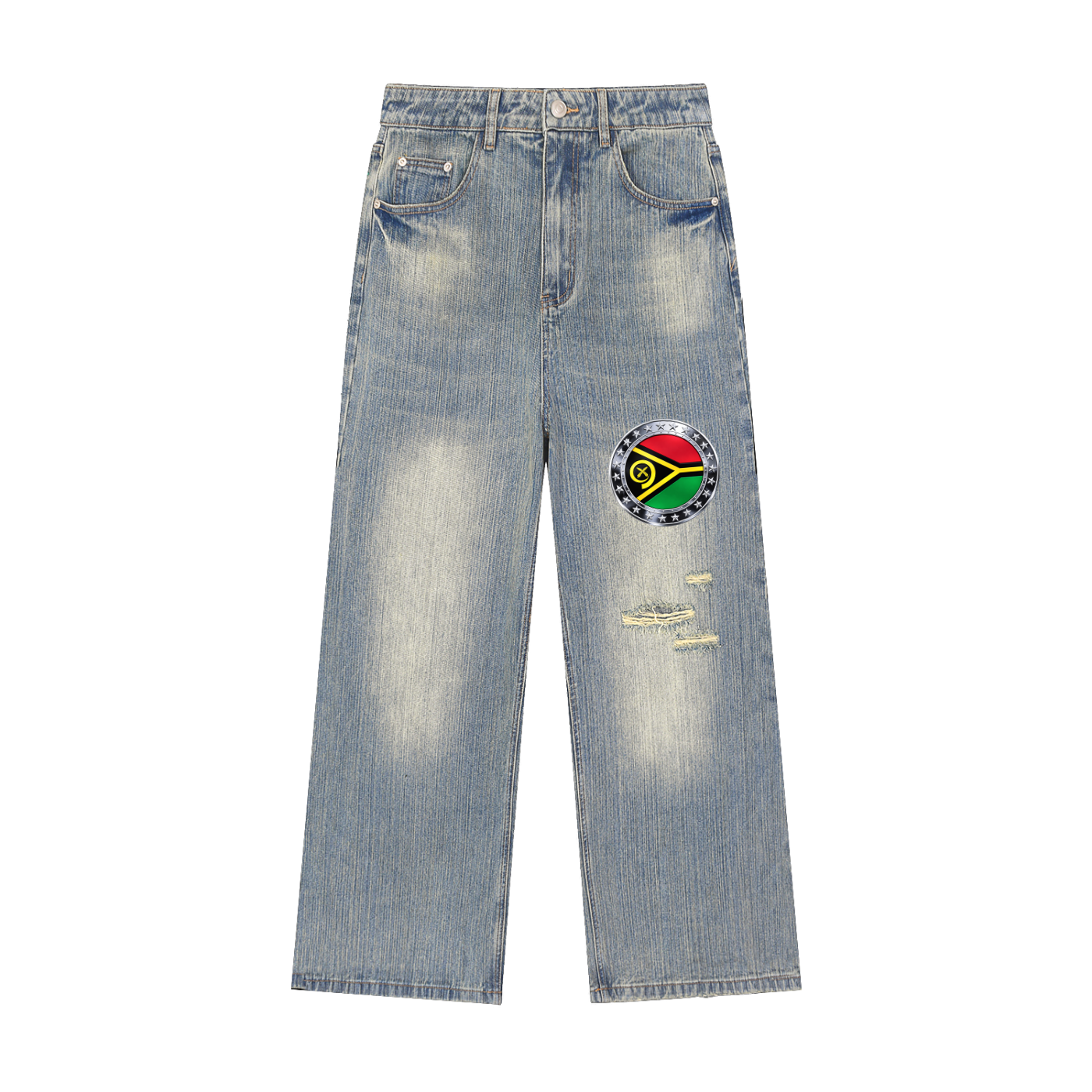 Vanuatu, Circle Flag, Vintage Wash Distressed Denim Jeans.