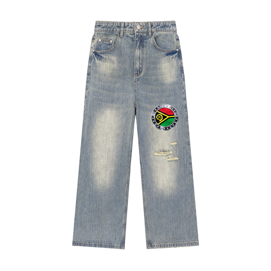 Vanuatu, Circle Flag, Vintage Wash Distressed Denim Jeans.