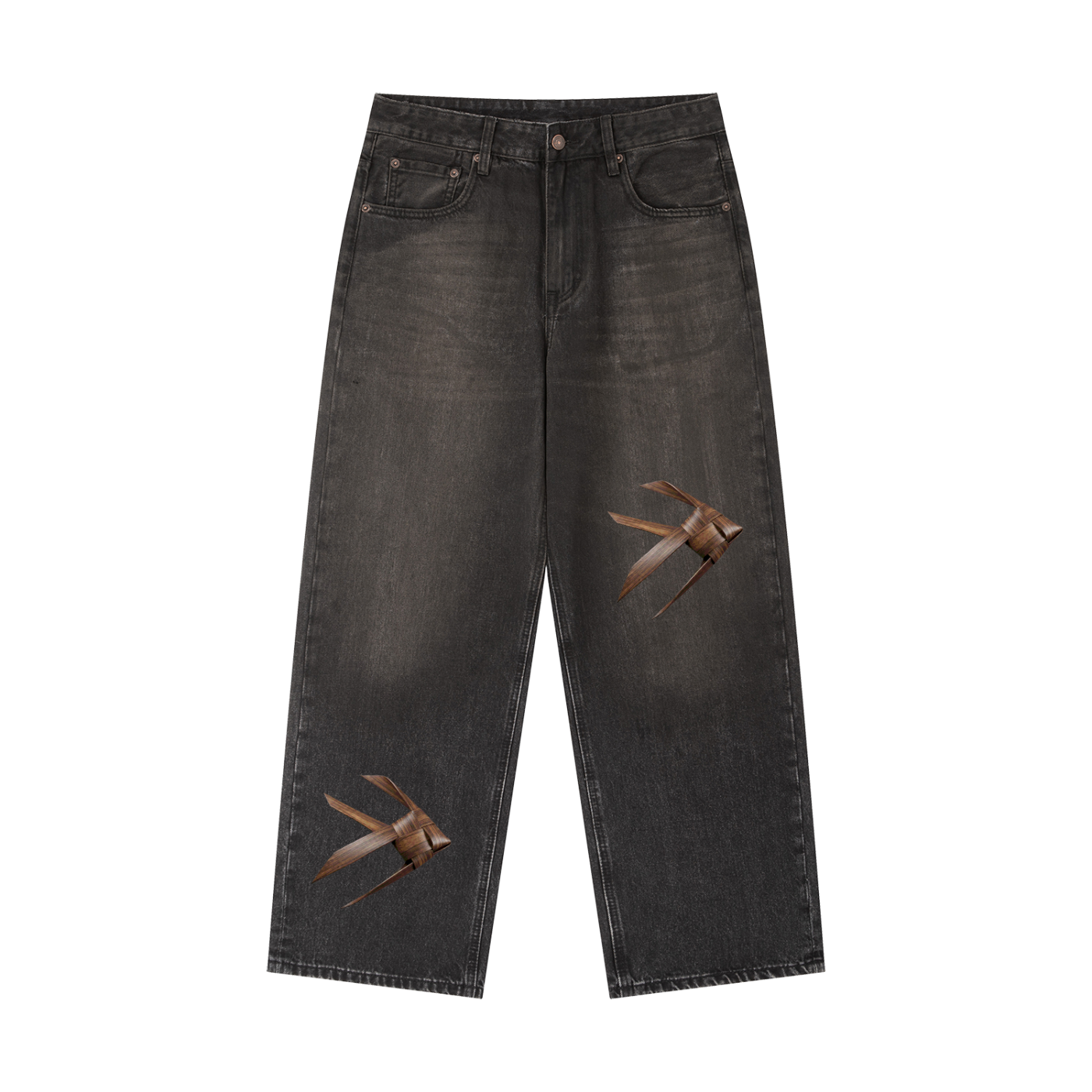 A Coconut Leaf Fish, In A Wooden Texture, Vintage Wash Heavyweight Denim Jeans.