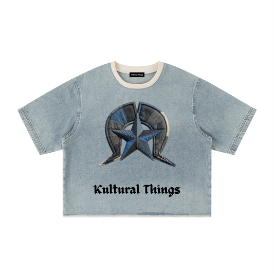 Unisex Vintage Wash Boxy Raw Hem Denim T-Shirt